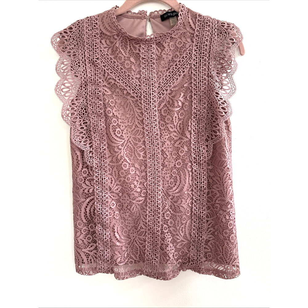 Cable & Gauge Mauve Lace Mock Neck Flutter Sleeve Top NB1R559 XS